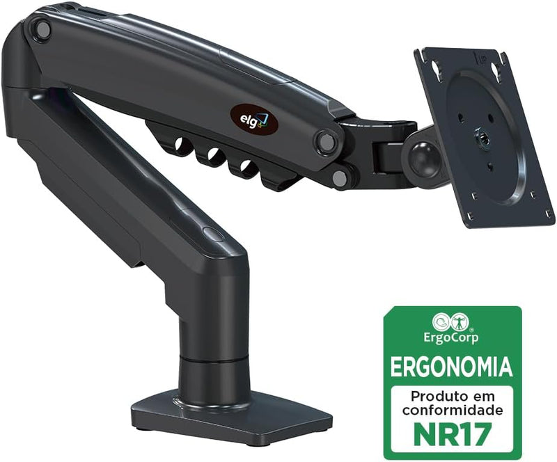 Suporte Articulado de Mesa, Pistão a Gás, Design Compacto e Retrátil, Ergonômico, Monitores 17'' a 35'', 2kg a 9kg, Preto, F80N, ELG