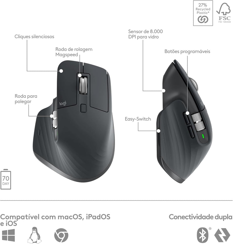 Combo Teclado e Mouse Sem Fio MX Keys S com Apoio para as Mãos, Conexão Bluetooth ou Receptor Logi Bolt, Iluminação Inteligente, Rolagem Rápida, Compatível com Windows, macOS, ChromeOS, Linux- Grafite