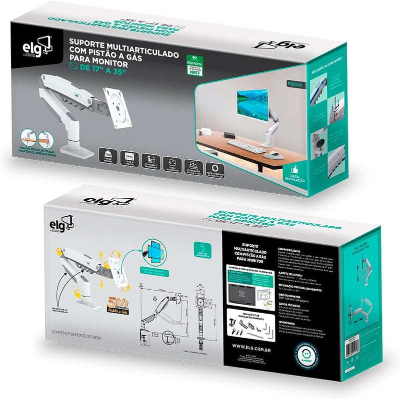 Suporte Articulado de Mesa, Pistão a Gás, Design Compacto e Retrátil, Ergonômico, Monitores 17'' a 35'', 2kg a 9kg, Preto, F80N, ELG
