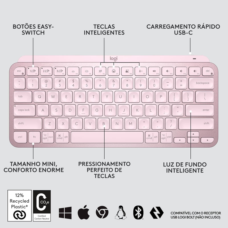 Teclado sem fio Logitech MX Keys Mini com Iluminação Inteligente, Conexão USB ou Bluetooth Easy-Switch para até 3 dispositivos e Bateria Recarregável - Grafite