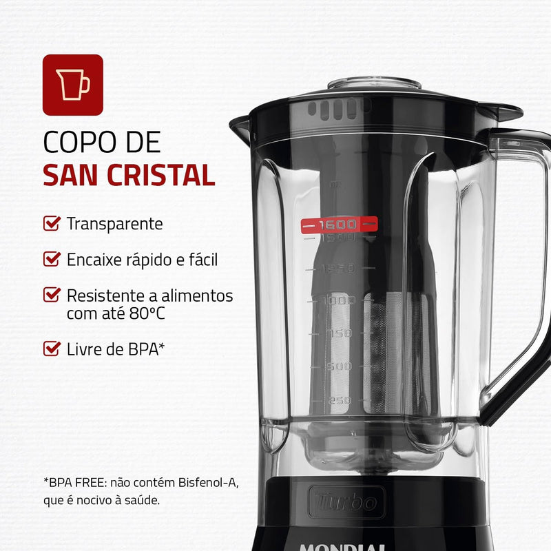 Liquidificador Mondial, Turbo Power 550W, 110V, Preto, 1,6L - L-99 FB