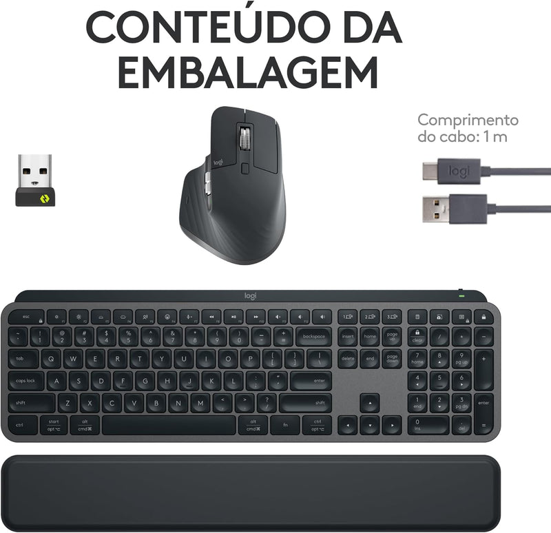 Combo Teclado e Mouse Sem Fio MX Keys S com Apoio para as Mãos, Conexão Bluetooth ou Receptor Logi Bolt, Iluminação Inteligente, Rolagem Rápida, Compatível com Windows, macOS, ChromeOS, Linux- Grafite