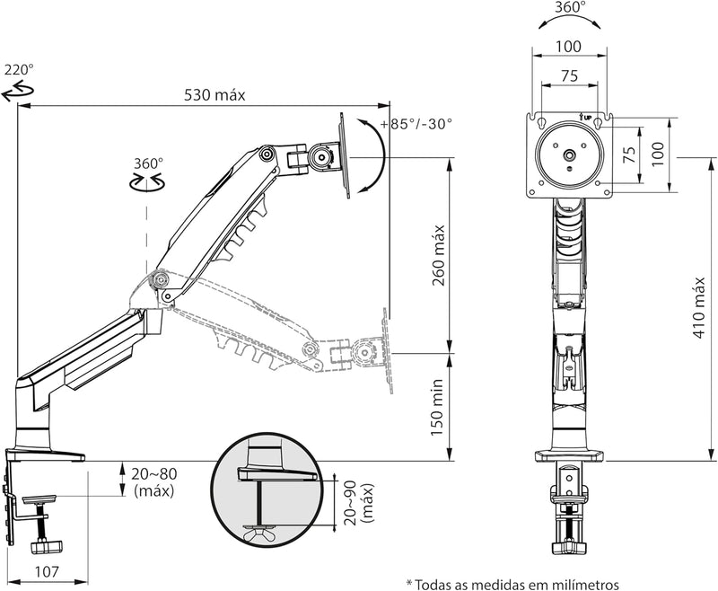 Suporte Articulado de Mesa, Pistão a Gás, Design Compacto e Retrátil, Ergonômico, Monitores 17'' a 35'', 2kg a 9kg, Preto, F80N, ELG