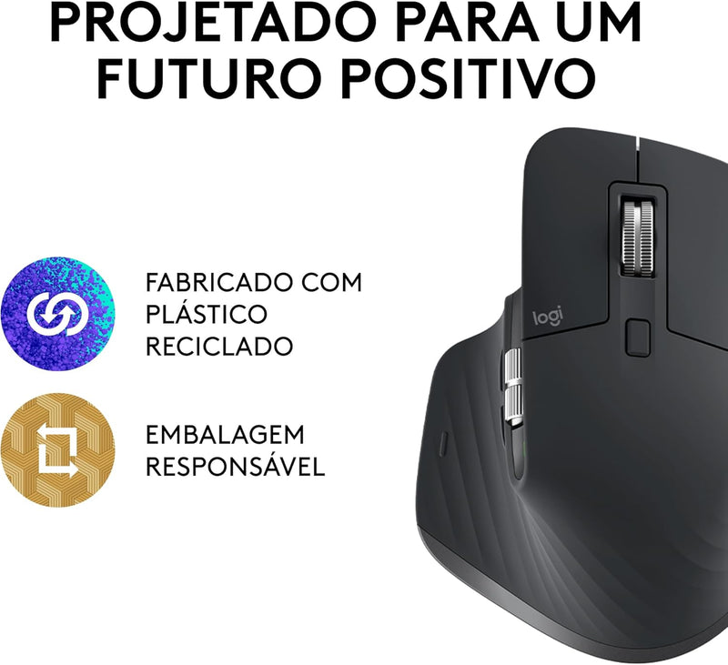 Mouse sem fio Logitech MX Master 3S com Sensor Darkfield para Uso em Qualquer Superfície, Design Ergonômico, Clique Silencioso, Conexão USB ou Bluetooth - Grafite