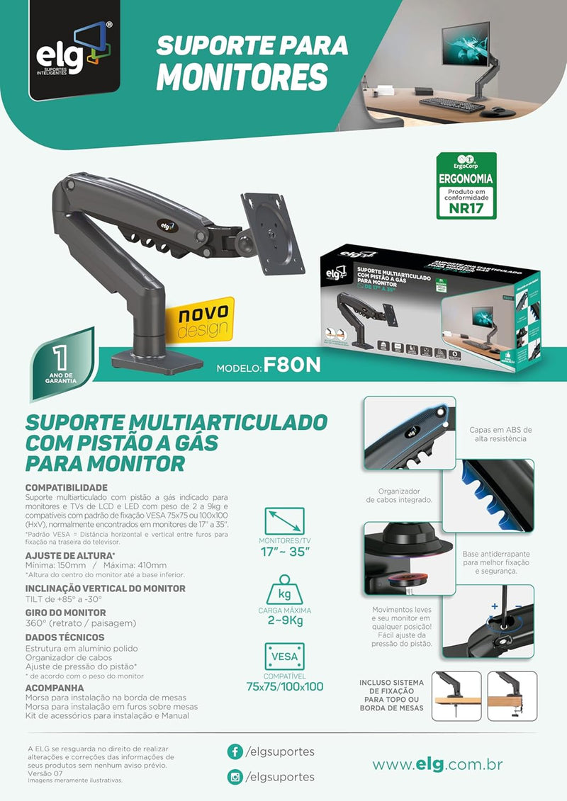 Suporte Articulado de Mesa, Pistão a Gás, Design Compacto e Retrátil, Ergonômico, Monitores 17'' a 35'', 2kg a 9kg, Preto, F80N, ELG